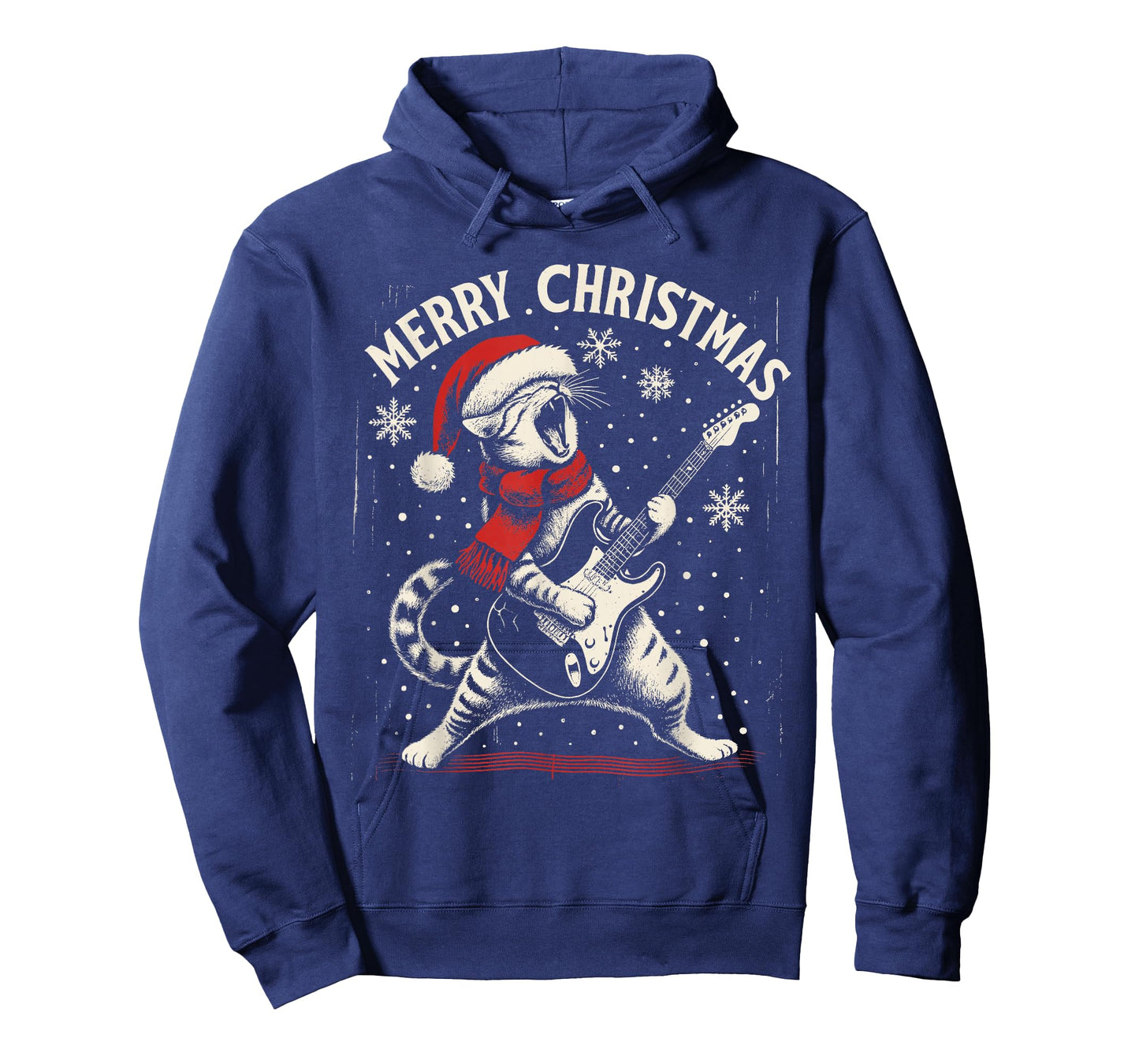 Funny Christmas Rock Cat Playing Guitar Santa Hat Music T-Shirt