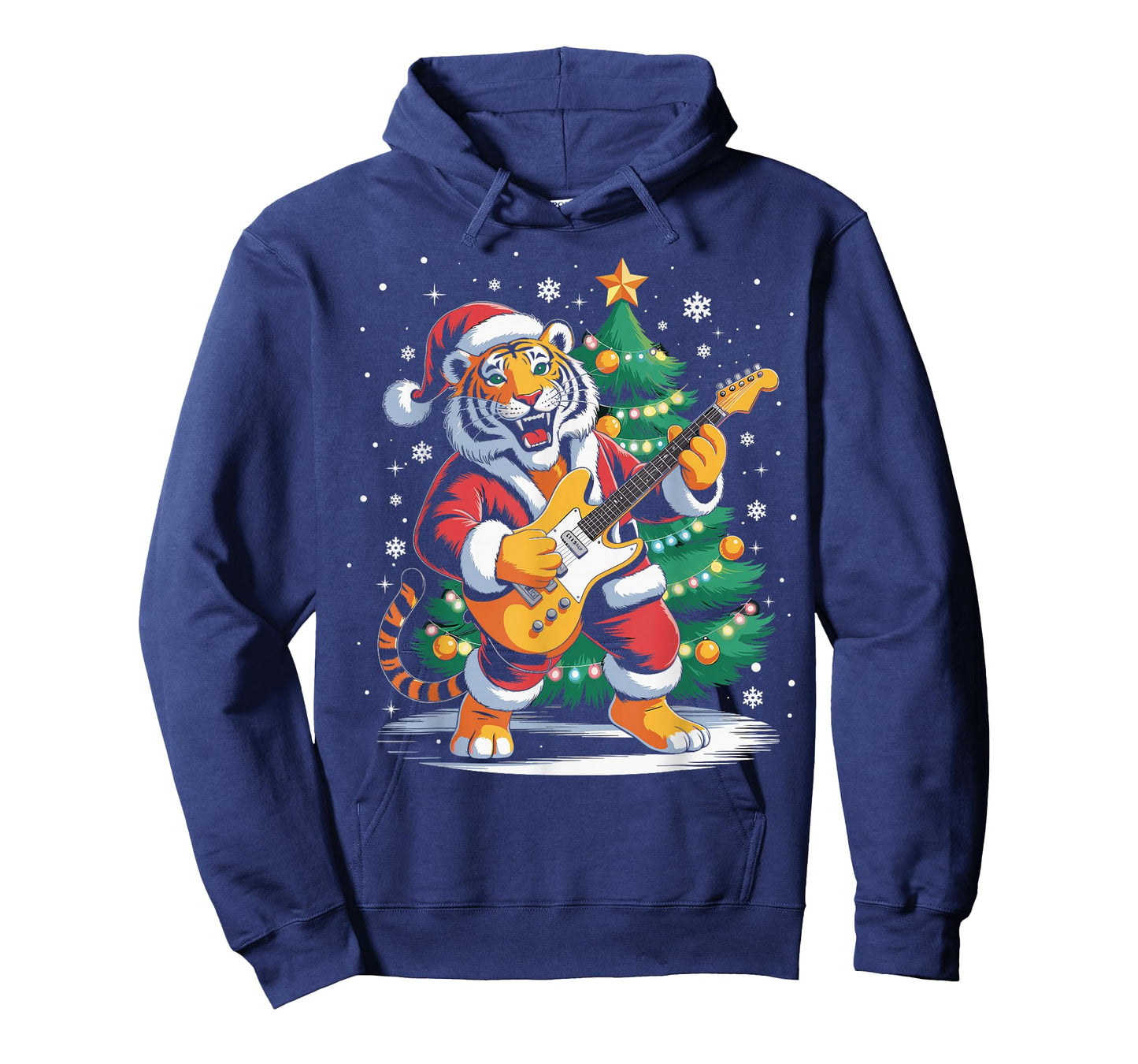 Christmas Tiger Playing Guitar Music Santa Hat Xmas Lights T-Shirt