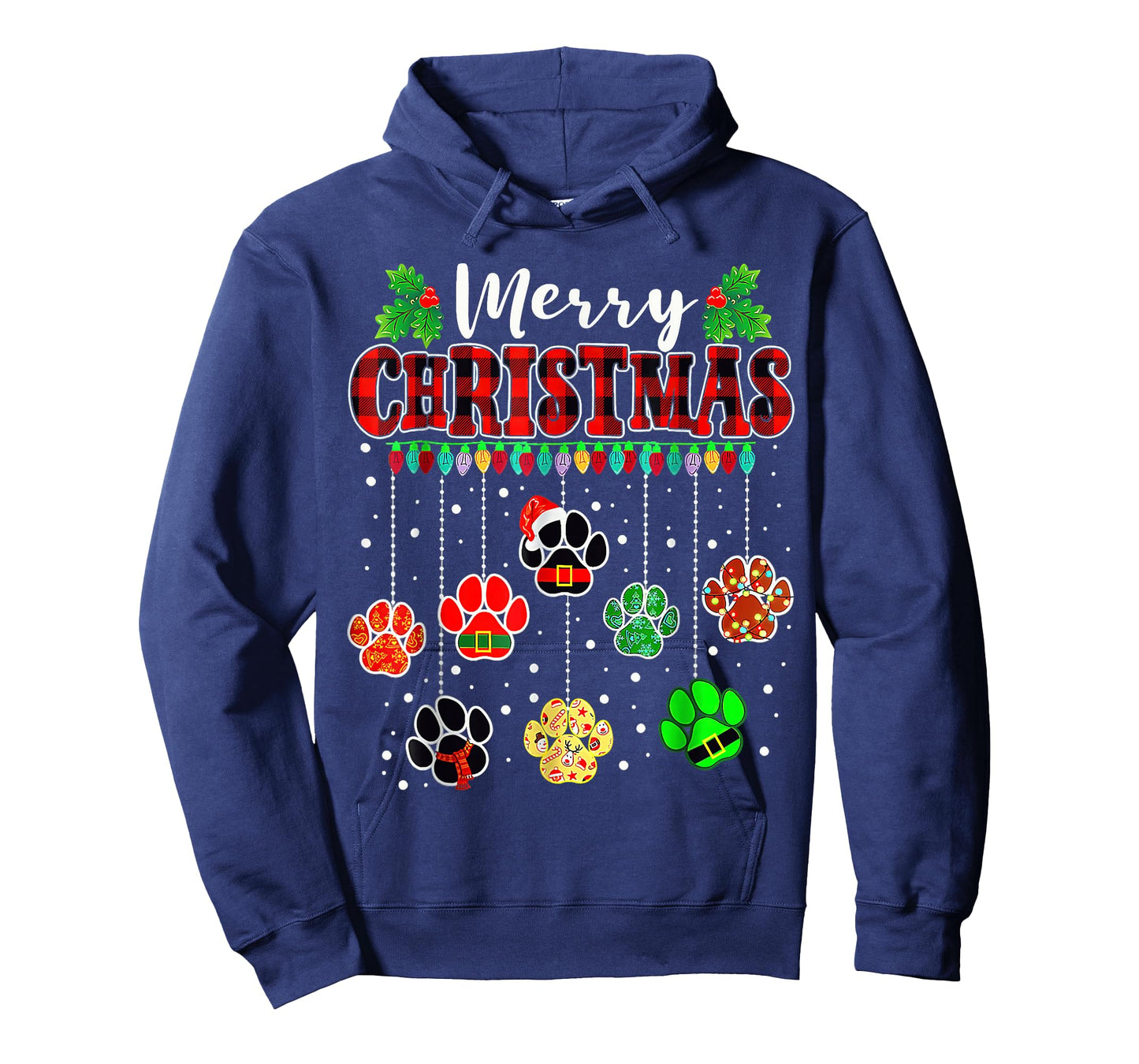 Merry Christmas Lights Dog Paw Red Plaid T-Shirt