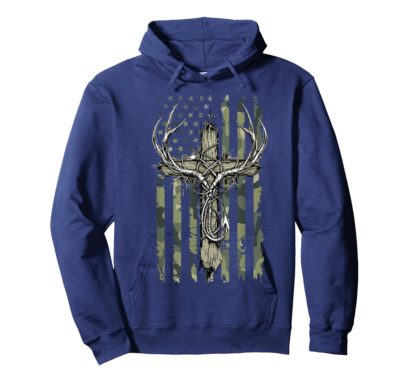 Deer Antlers Fishing Hook Christian Cross Camo Flag Men Boys T-Shirt