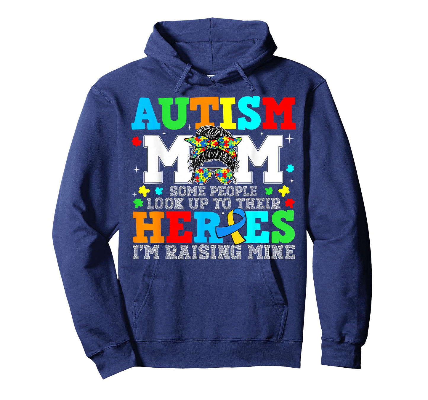 Autism Awareness Puzzle Messy Bun Raising Hero Mom Women T-Shirt
