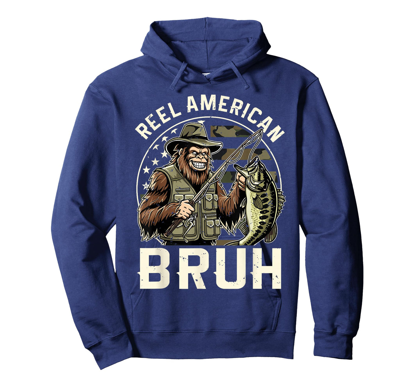 Reel American Bruh Bigfoot USA Flag Camo Fishing T-Shirt