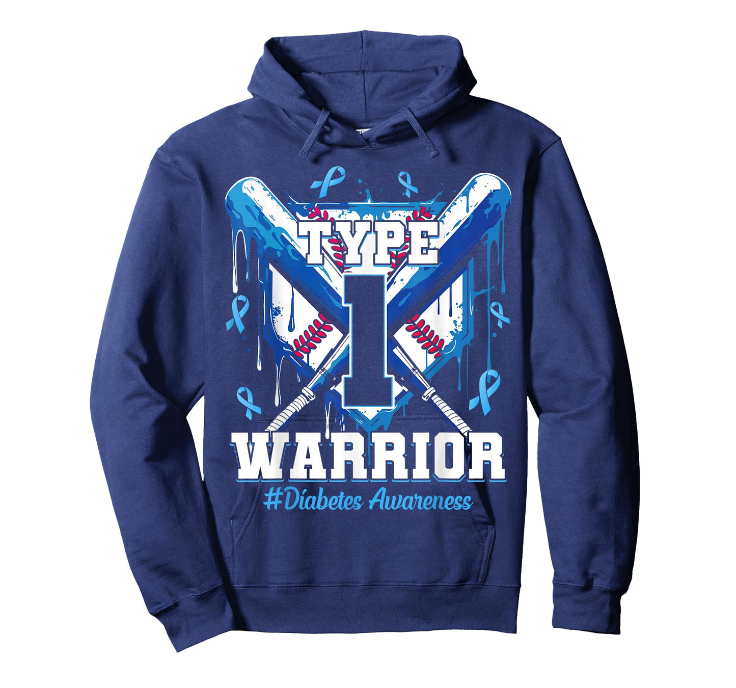 T1D Warrior Baseball Drip Diabetes Awareness Blue Ribbon T-Shirt