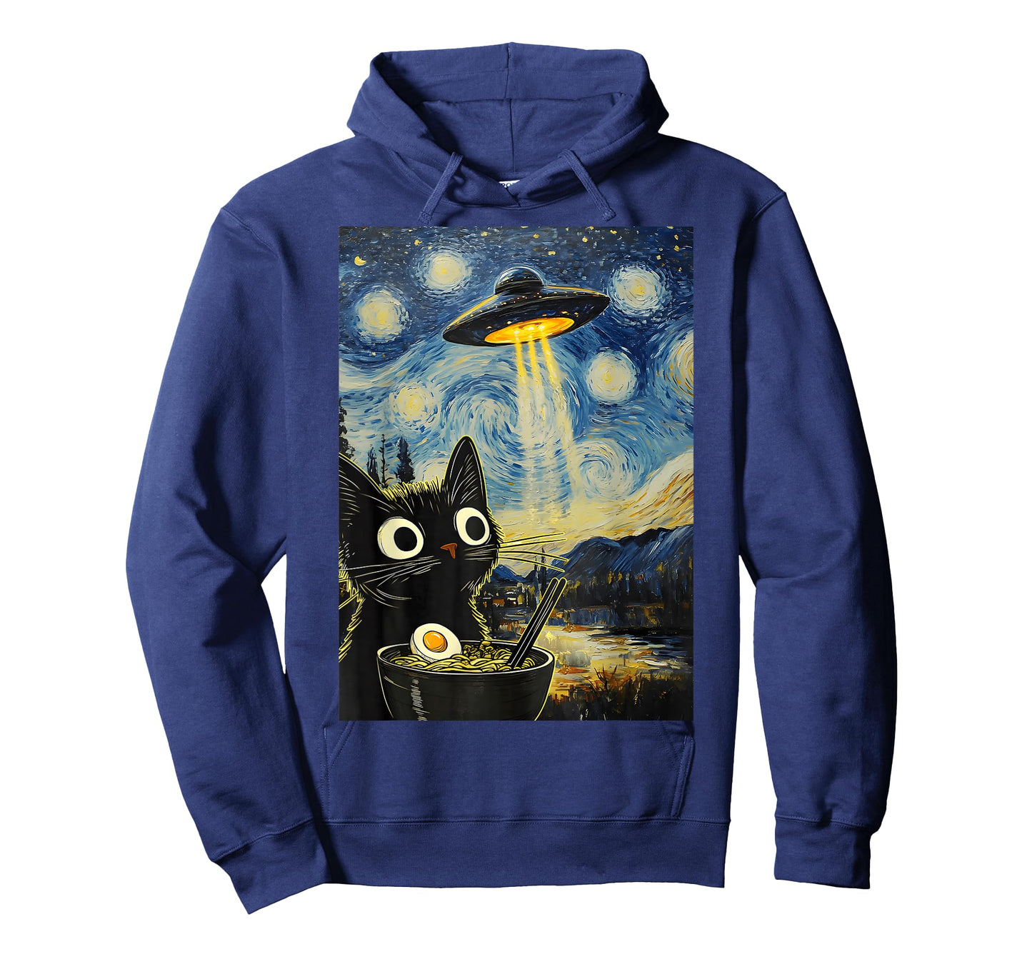 Kawaii Cat Ramen UFO Starry Night Retro Japanese Anime T-Shirt