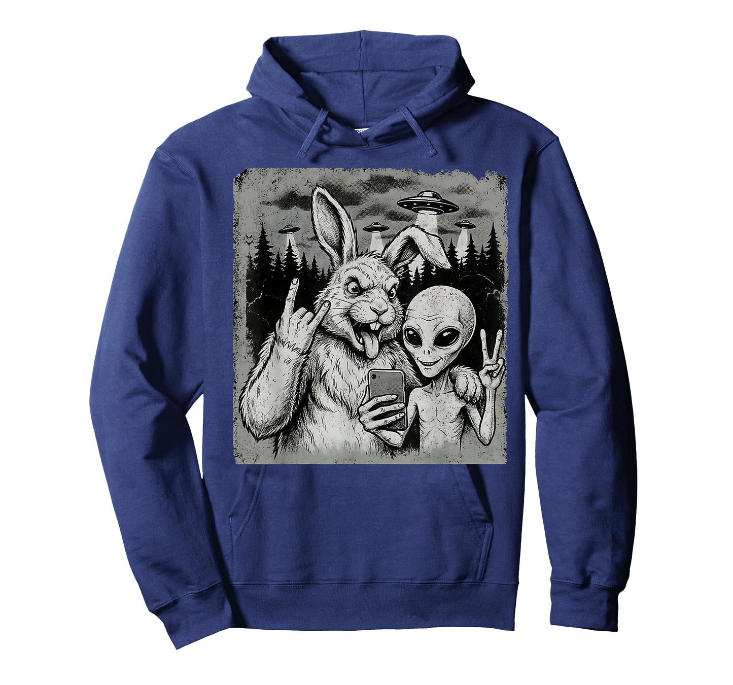 Funny Rabbit and Alien Rock On Hand Sign UFO Selfie T-Shirt