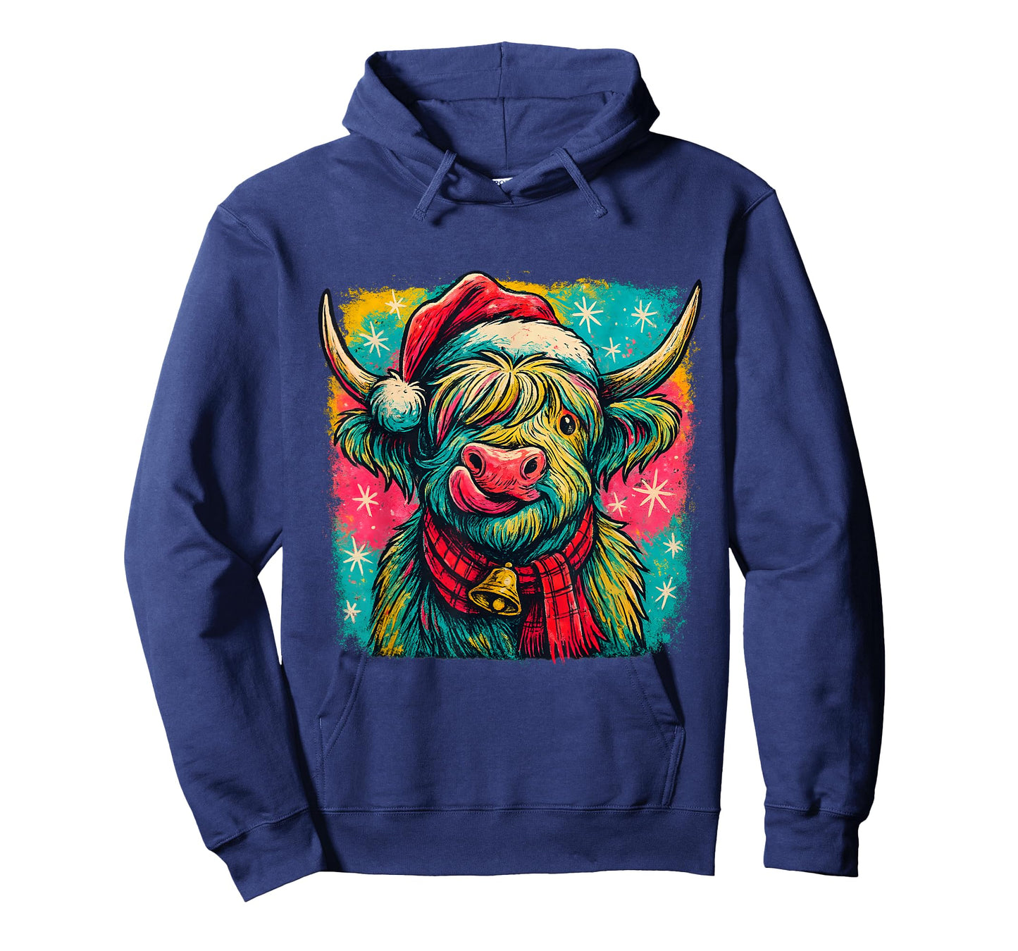 Colorful Highland Cow Christmas Plaid Bell Holiday Art T-Shirt