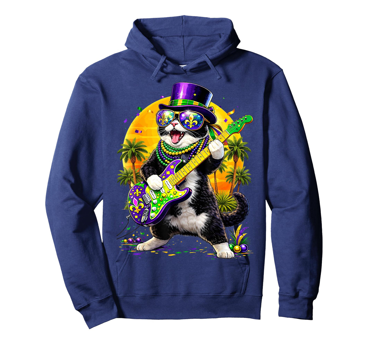 Funny Cat Playing Guitar Mardi Gras Men Women Teens Kids T-Shirt