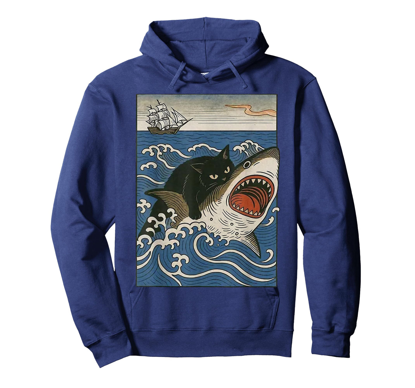 Black Cat Hunting Shark Ukiyoe Ocean Art Japanese Style T-Shirt