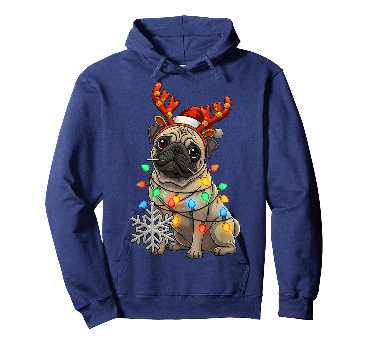 Festive Pug with Christmas Lights and Snowflake Design T-Shirt