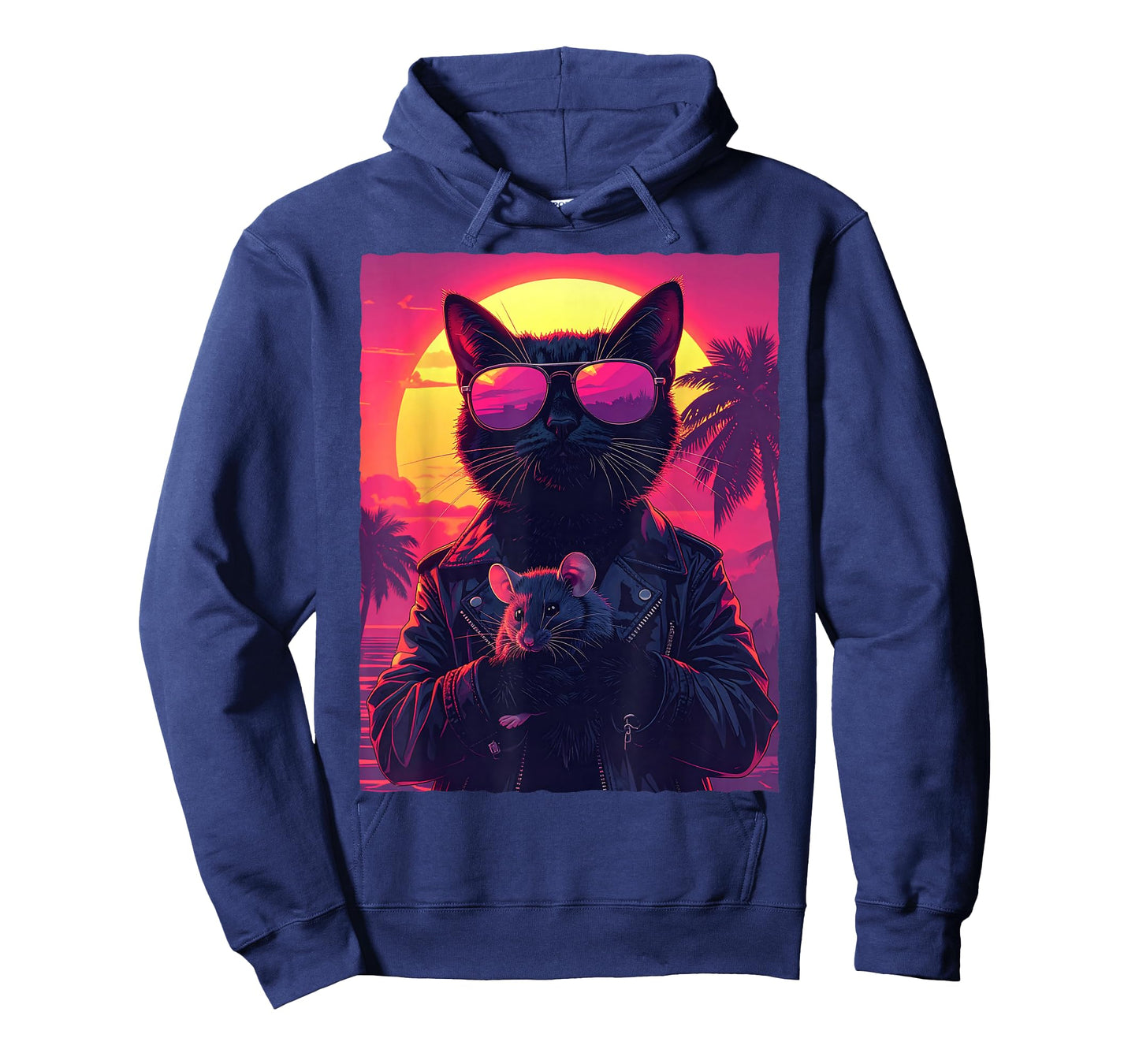 Cool Black Cat with Mouse and Retro Sunset T-Shirt