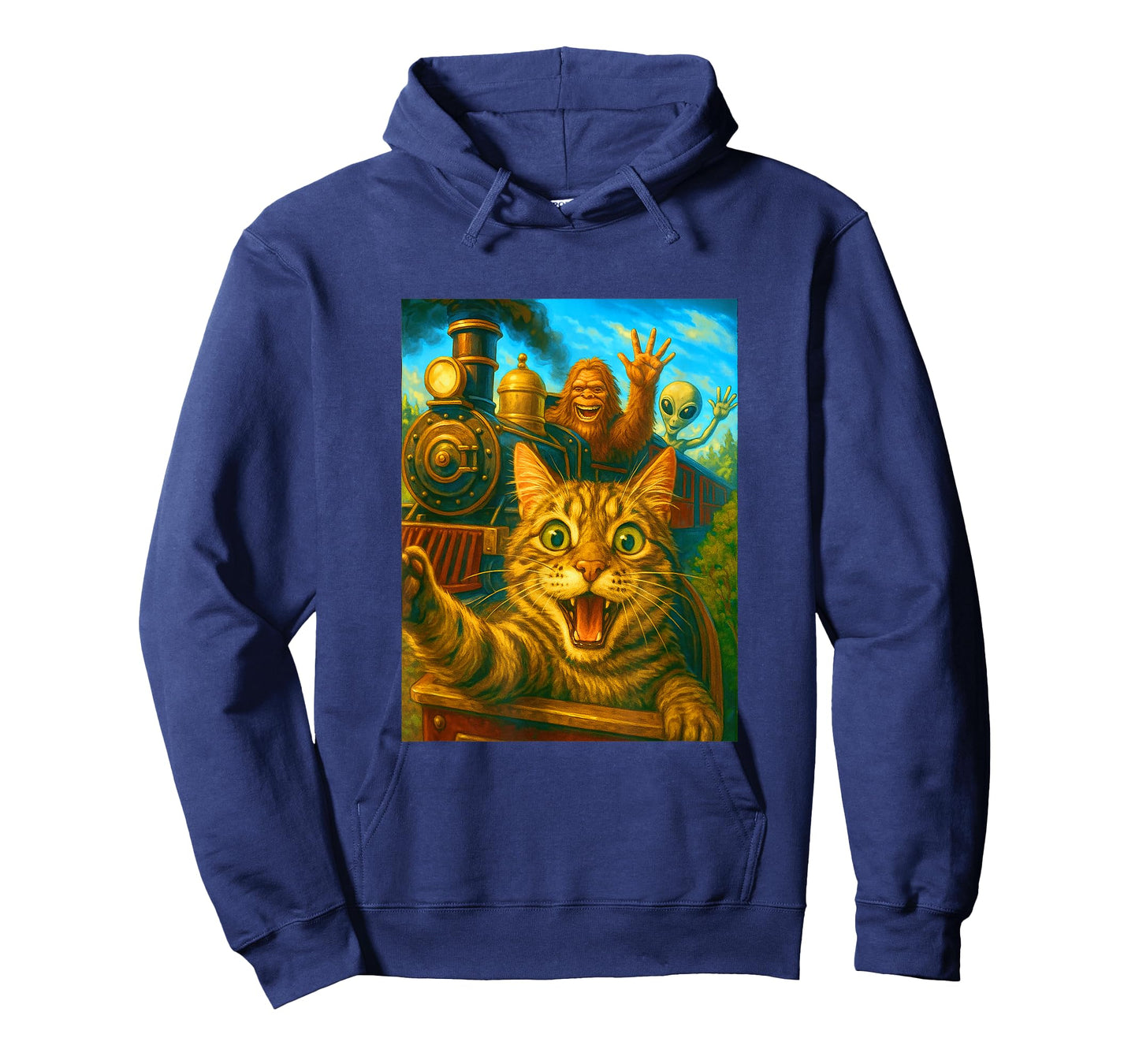 Steam Engine Train Cat Selfie Bigfoot Alien Steam Locomotive T-Shirt