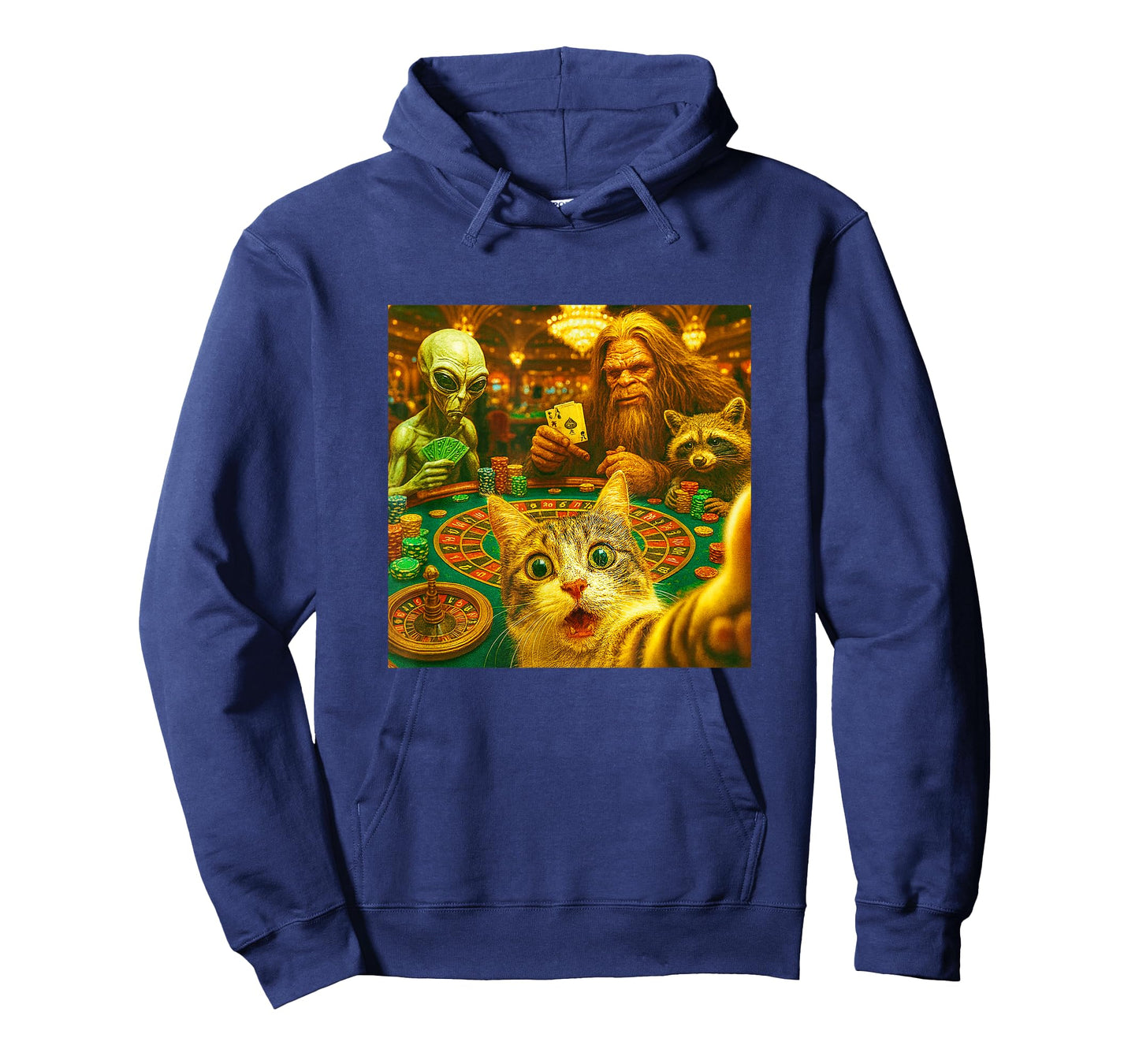 Funny Gambling Cat Raccoon Alien Bigfoot Selfie Art Casino T-Shirt