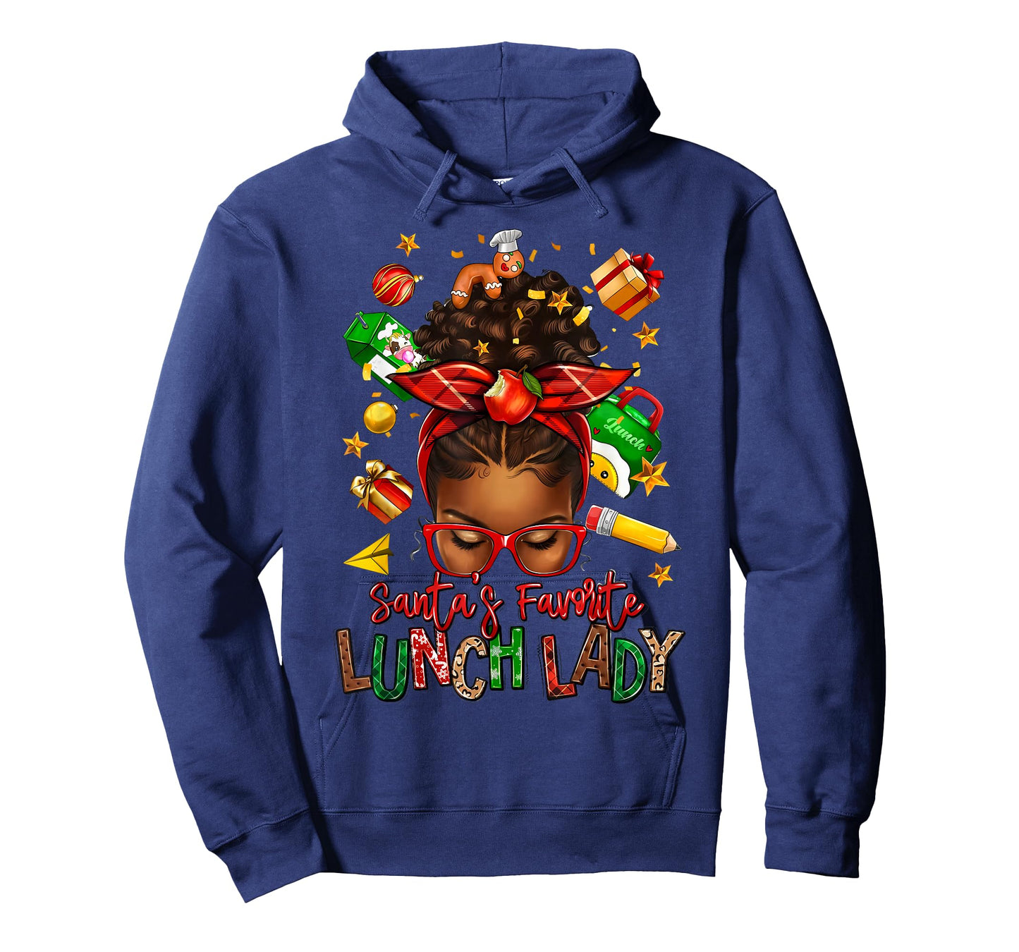 Santa's Favorite Lunch Lady Afro Messy Bun Woman Christmas T-Shirt