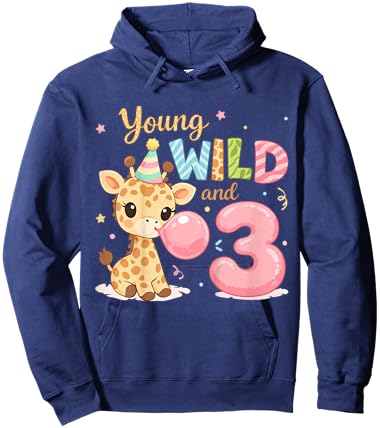 Kids Kids 3rd Birthday Young Wild and Three 3 Year Old Giraffe Hoodie - Hoodie | Navy