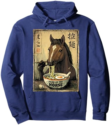 Retro Kawaii Ramen Horse Eating Japanese Noodles Graphic Hoodie - Hoodie | Navy