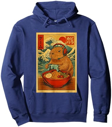 Capybara Gaming Ramen Japanese Ukiyo-e Great Wave Retro Art Hoodie - Hoodie | Navy