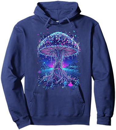 Psychedelic Glitch Mushroom | Cyberpunk Neon Nature Network Hoodie - Hoodie | Navy