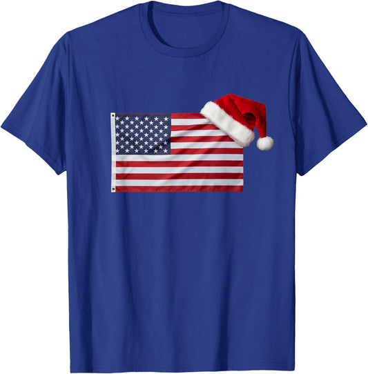 American Flag Santa Hat Funny Patriotic Christmas USA T-Shirt - T-Shirt | Royal