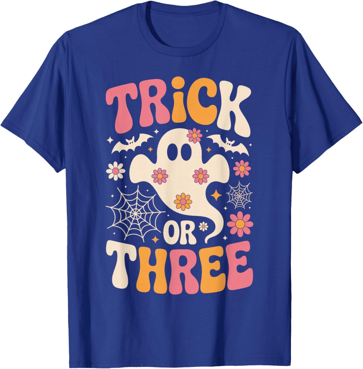 Trick Or Three 3 Years Old Birthday Groovy Ghost Halloween T-Shirt - T-Shirt | Royal