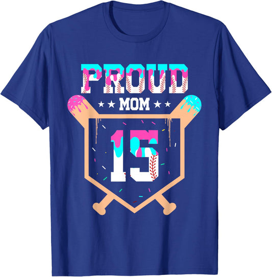 Proud Mom Baseball Player Number 15 Ice Cream Drip T-Shirt - T-Shirt | Royal