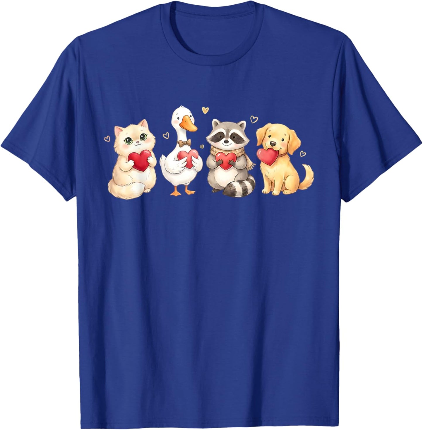 Cute Cat Dog Raccoon Goose Holding Hearts Valentine Lovers T-Shirt - T-Shirt | Royal