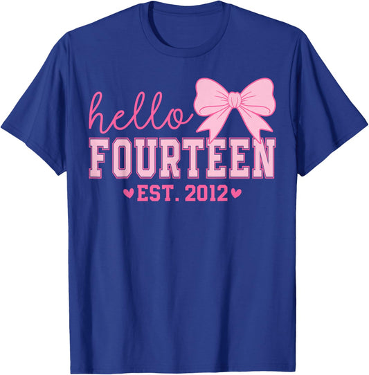 Hello Fourteen Est 2012 Coquette Bow 14th Birthday Girl T-Shirt - T-Shirt | Royal