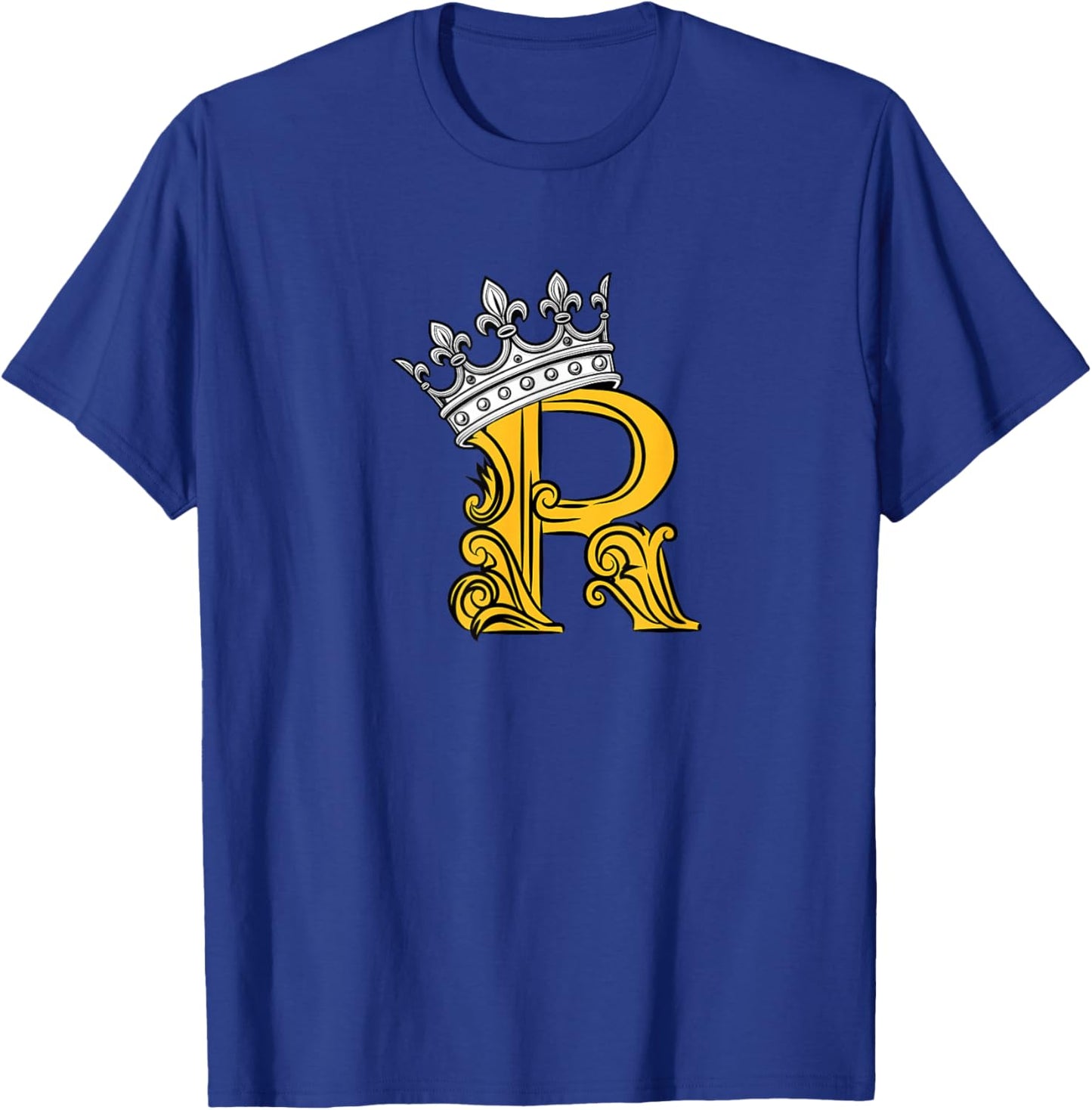 University Varsity-Gold Color Letter R Initial + Crown T-Shirt - T-Shirt | Royal