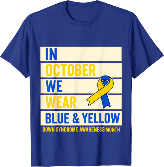 in October we Wear Yellow and Blue Down Syndrome Halloween T-Shirt - T-Shirt | Royal