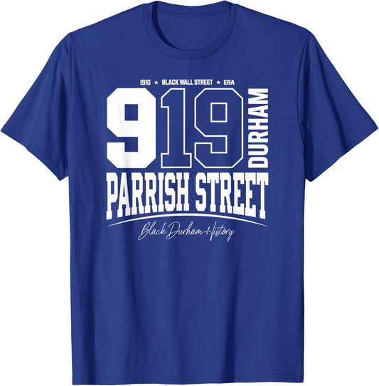 919 Durham NC Parrish Street Black Wall Street Era Varsity T-Shirt - T-Shirt | Royal