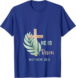 Women's He is Risen Matthew 28:6 Floral Christian Easter V-Neck T-Shirt - T-Shirt | Royal