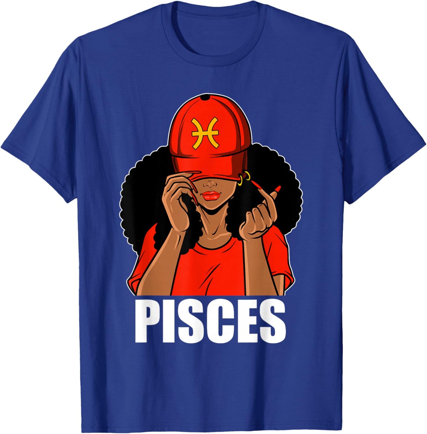 Pisces Black Girl Red Cap Afro Woman Black Queen T-Shirt - T-Shirt | Royal