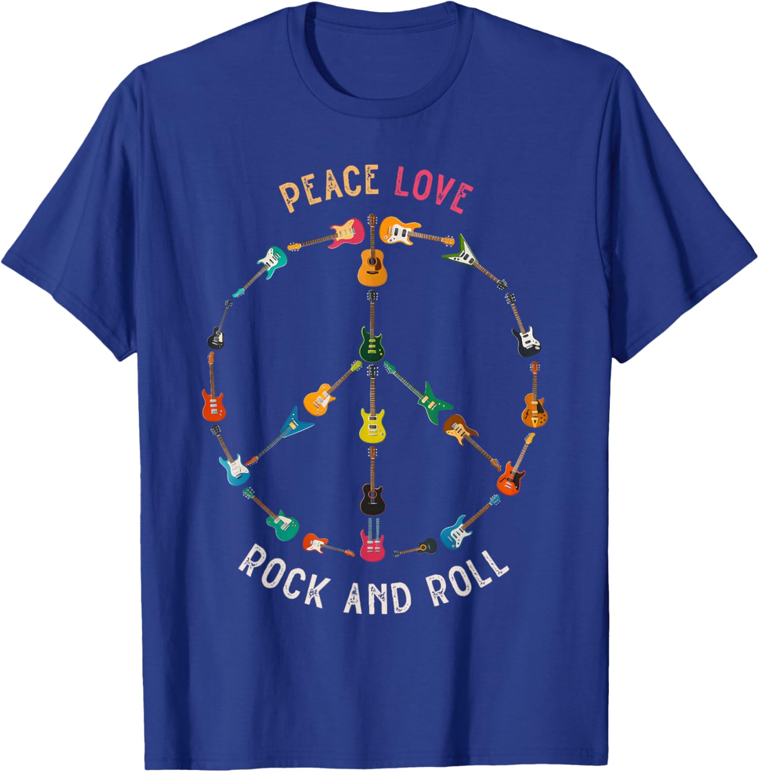 Peace Love Rock and Roll Guitars Music Rock Hippie Vintage T-Shirt - T-Shirt | Royal