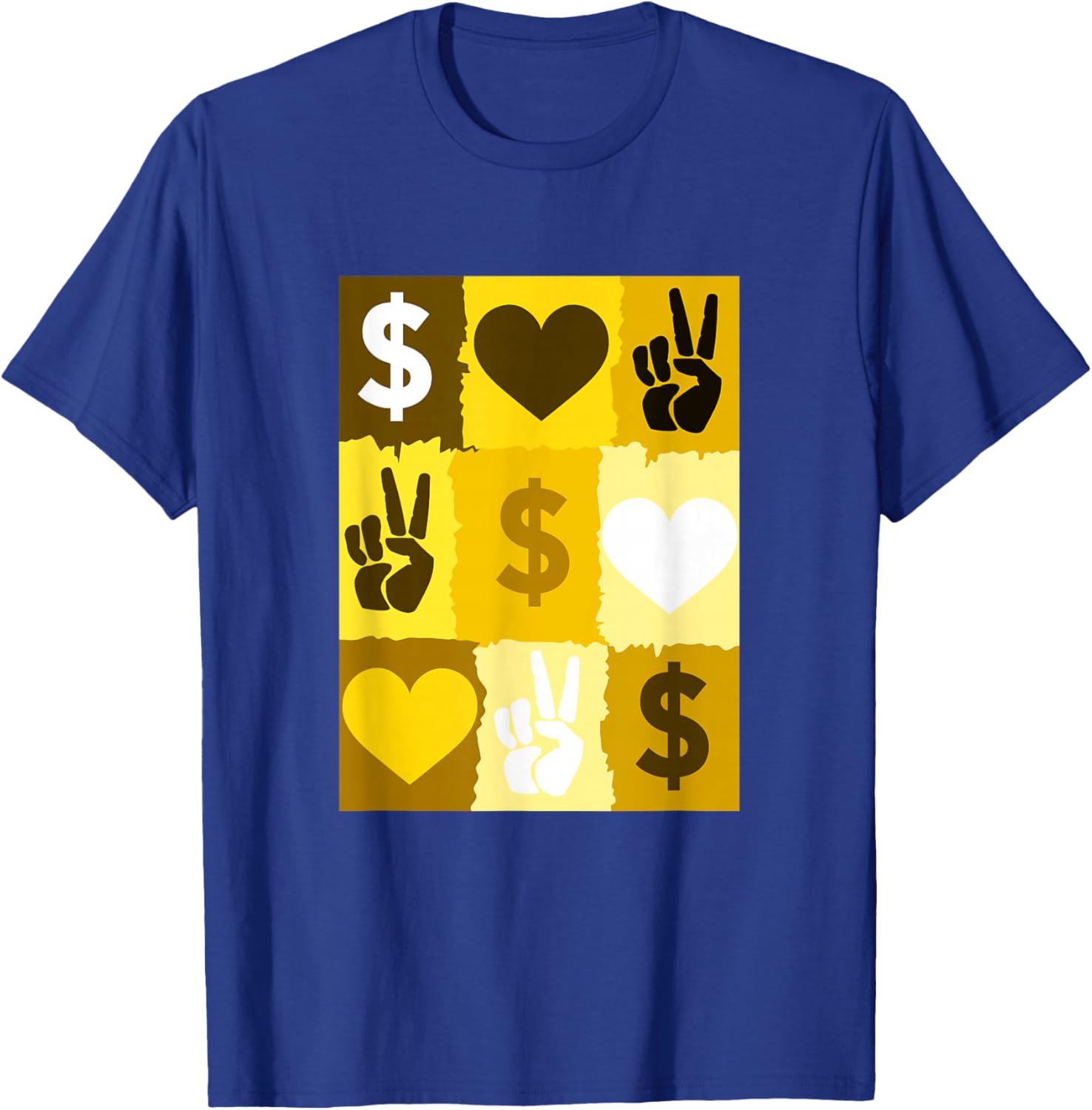 University Varsity-Gold Color Peace Love Money Grid Yellow T-Shirt - T-Shirt | Royal