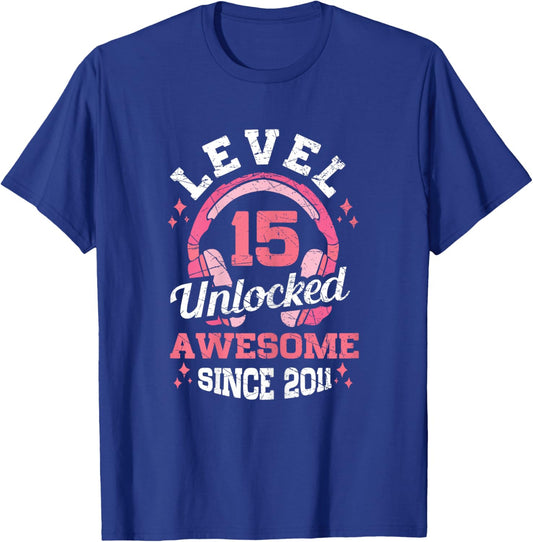 Level 15 Unlocked Awesome Since 2011 15th Birthday Gaming T-Shirt - T-Shirt | Royal