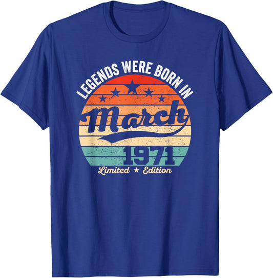 Vintage 55th Birthday Legends were Born in March 1971 T-Shirt - T-Shirt | Royal