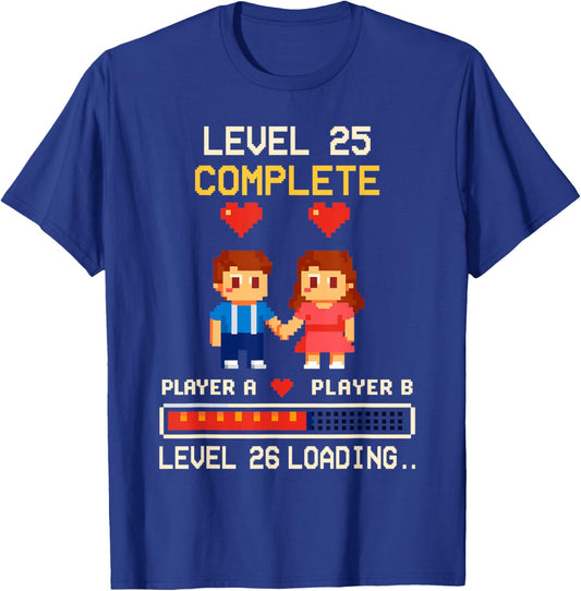 25th Wedding Anniversary Gamer Vintage Level 25 Complete T-Shirt - T-Shirt | Royal