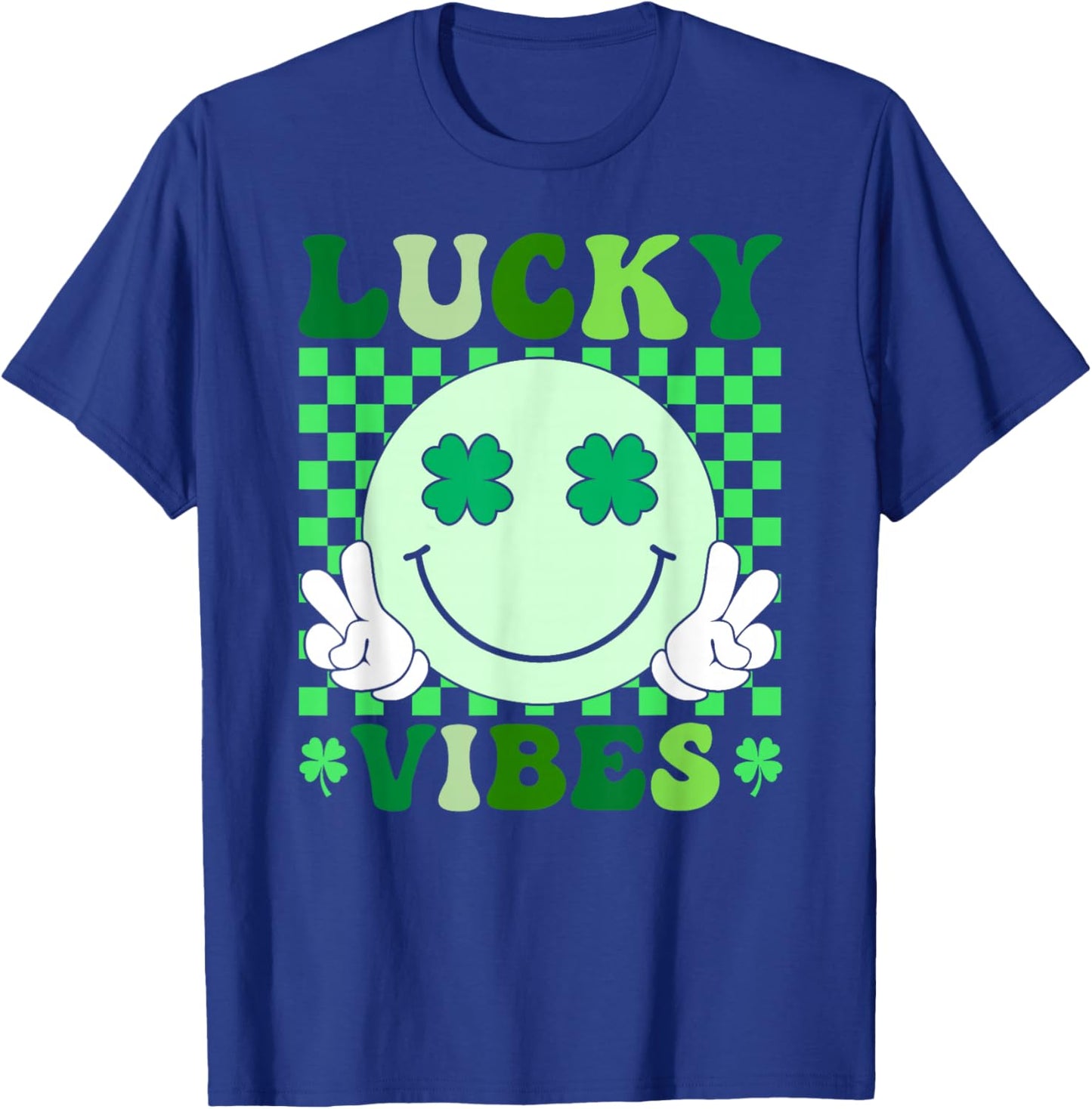 Groovy Lucky Vibes St Patricks Day Retro Smile Face Shamrock T-Shirt - T-Shirt | Royal