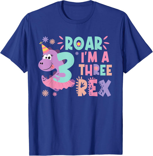 Roar I'm A Three Rex Birthday Girl Dinosaur Lover 3 Year Old T-Shirt - T-Shirt | Royal