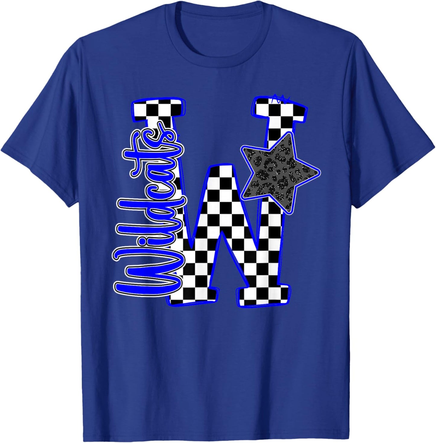 Blue Wildcats Checkered Print Star Leopard School Spirit T-Shirt - T-Shirt | Royal