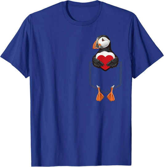 Cute Puffin in Pocket Seabird Lover Valentines T-Shirt - T-Shirt | Royal