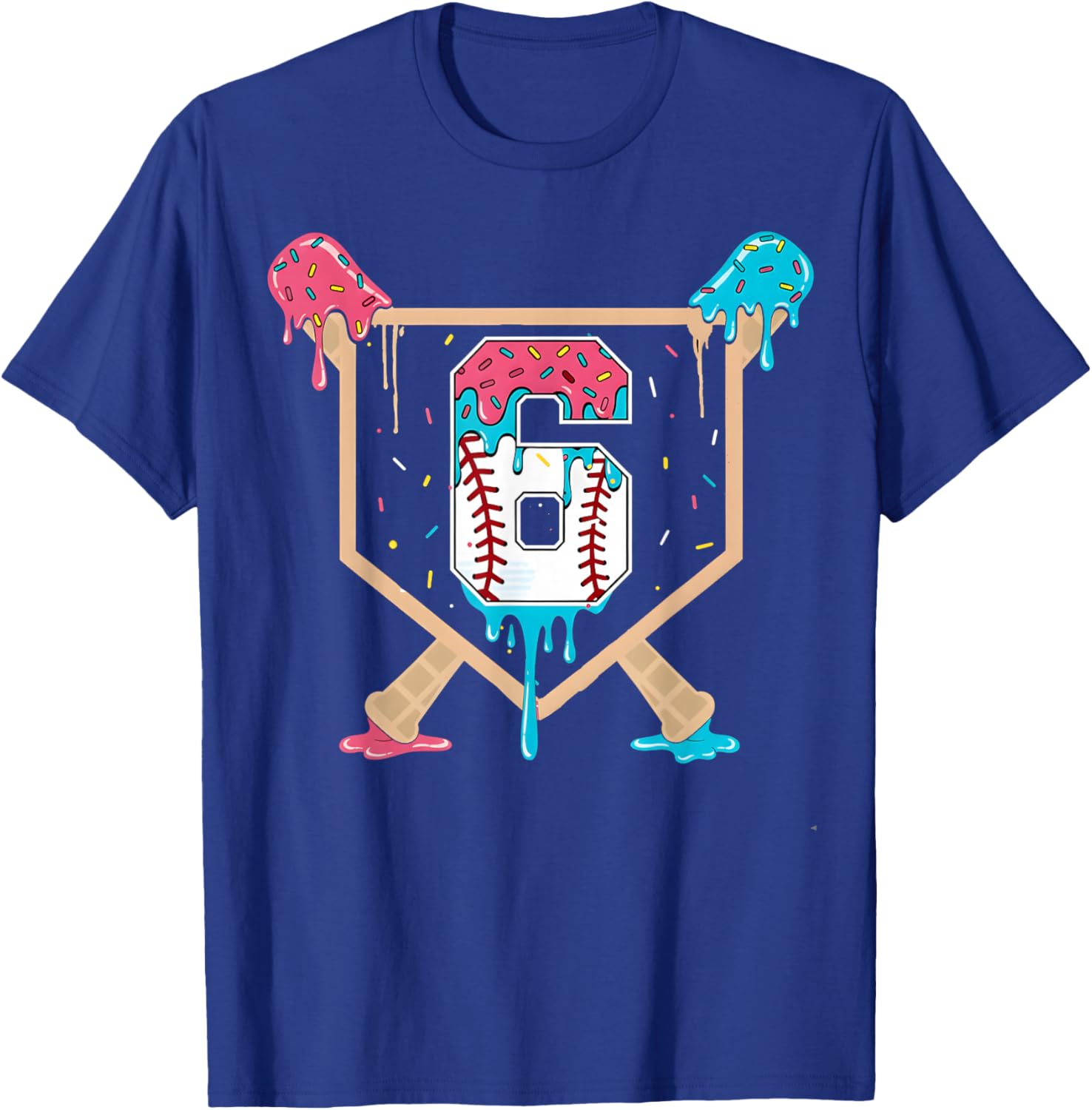 Baseball 6 Year Old Ice Cream Drip 6th Birthday Boys Player T-Shirt - T-Shirt | Royal