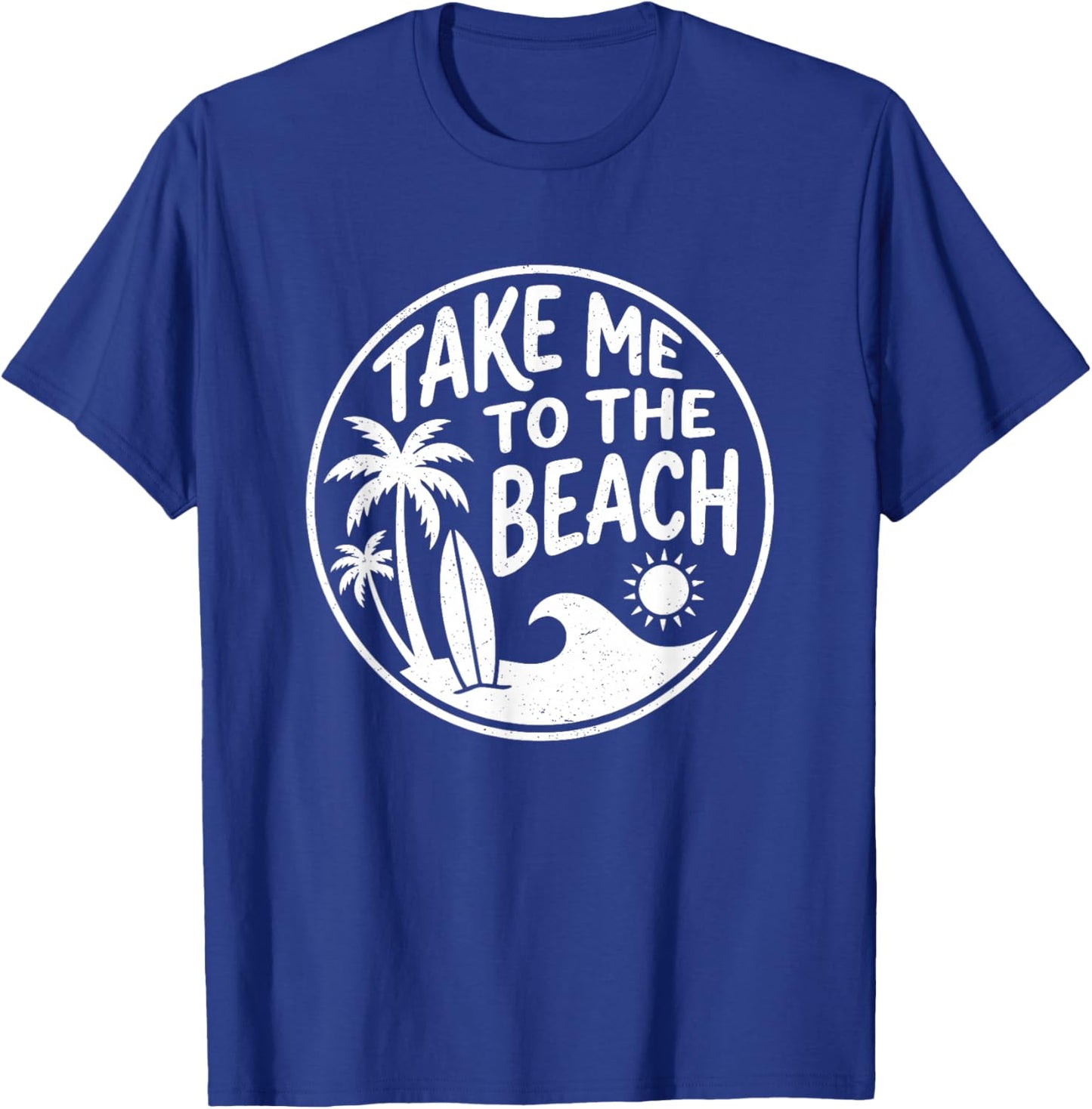 Take Me to The Beach Retro Circle Palm Tree Surfboard Art T-Shirt - T-Shirt | Royal