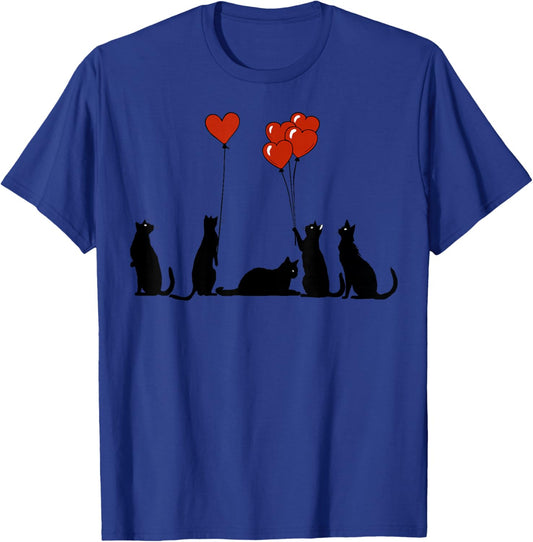 Funny Curious Black Cat Hearts Balloons Valentine's Lazy Cat T-Shirt - T-Shirt | Royal