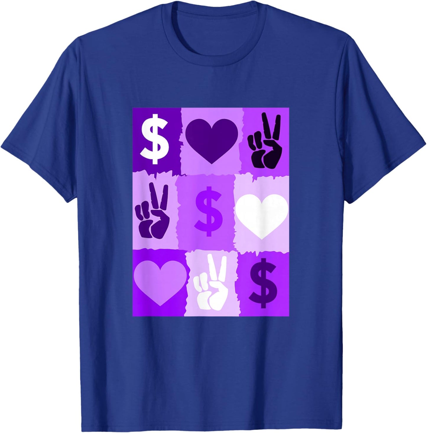 Purple Color Peace Love Money Grid Purple Graphic T-Shirt - T-Shirt | Royal