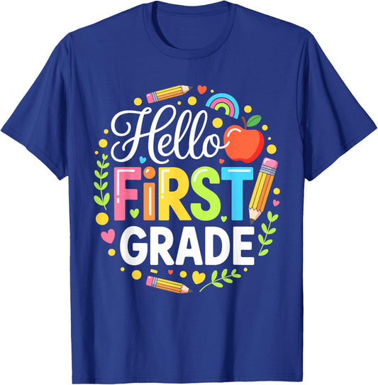 Hello First Grade Shirt First Day 1st Grade Boy Girl Teacher T-Shirt - T-Shirt | Royal