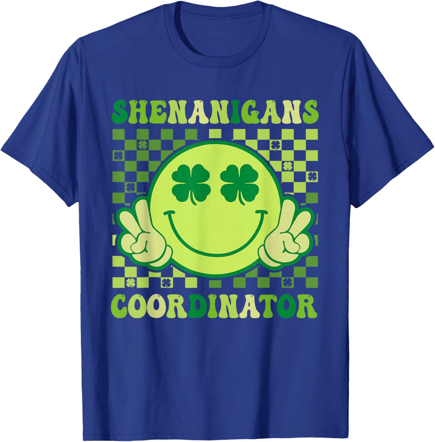 Shenanigans Coordinator Retro Smile Shamrock St Patricks Day T-Shirt - T-Shirt | Royal