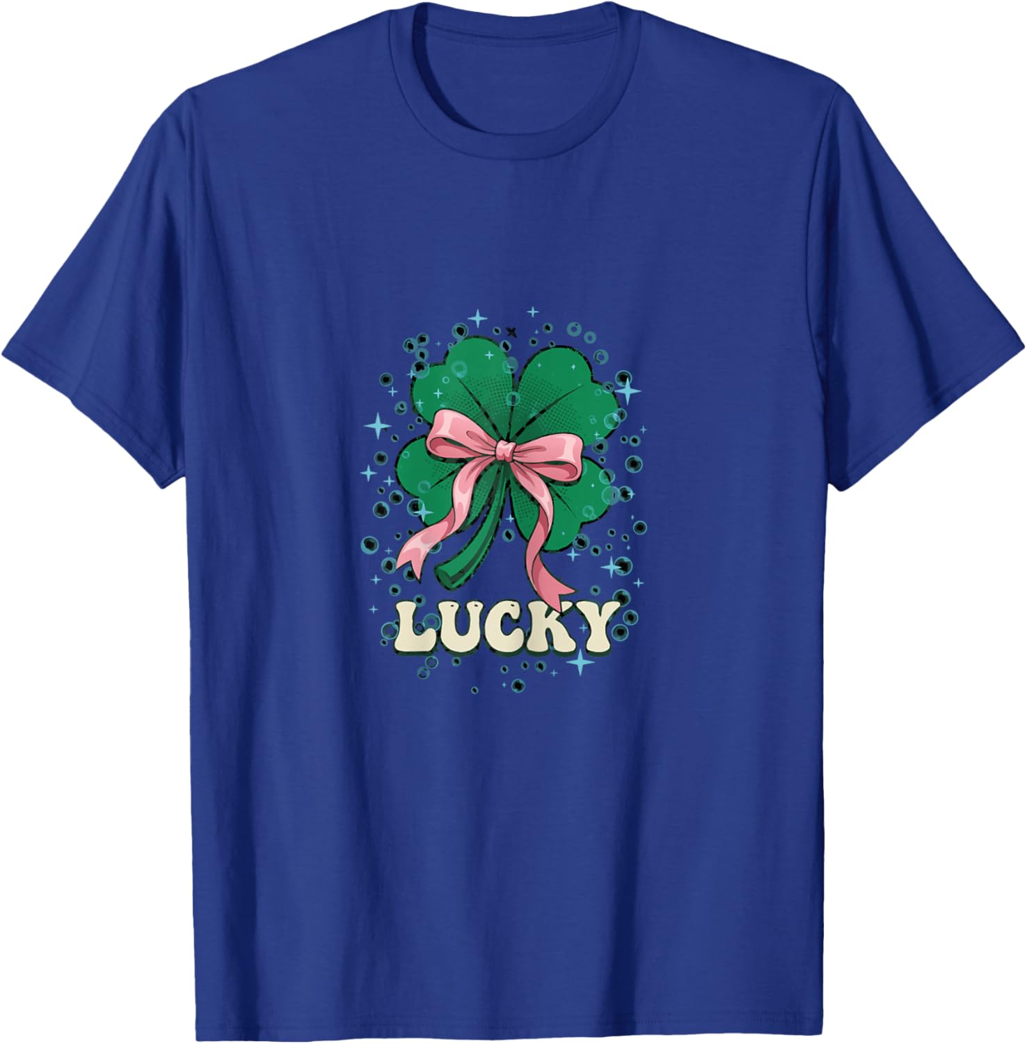St Patricks Day Retro Coquette Bow Lucky Sparkle Shamrock T-Shirt - T-Shirt | Royal