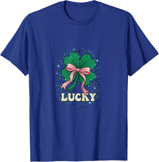 St Patricks Day Retro Coquette Bow Lucky Sparkle Shamrock T-Shirt - T-Shirt | Royal