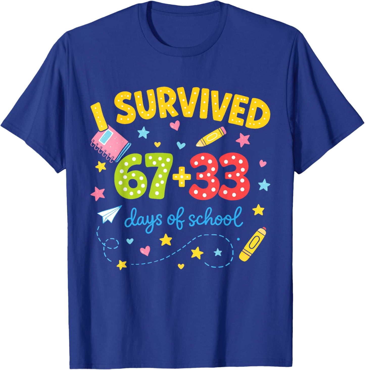 I Survived 67+33 Days of School 100 Days 6 7 Kids Boys Girls T-Shirt - T-Shirt | Royal