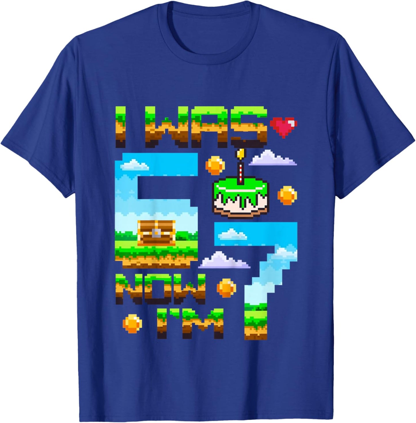 7 Year Old Birthday I was 6 Now I'm 7 67 Pixel Gamer Boy Kid T-Shirt - T-Shirt | Royal